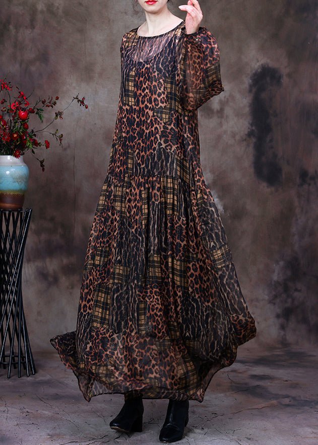 Sheer Leopard Plaid Patchwork Long Sleeve Balloon Sleeve Maxi Dress
