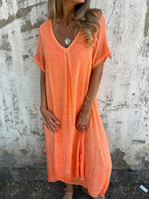 Linen V-Neck Short Sleeve Loose Midi Dress 7