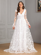V neck Long Sleeve Backless White Large Swing Wedding Dress - View 2