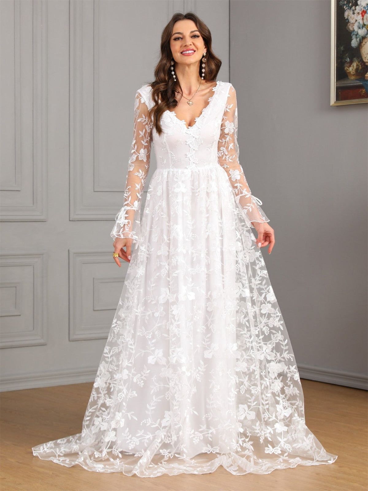 V-Neck Long Sleeve Floral Embroidered Tulle A-Line Wedding Gown 2