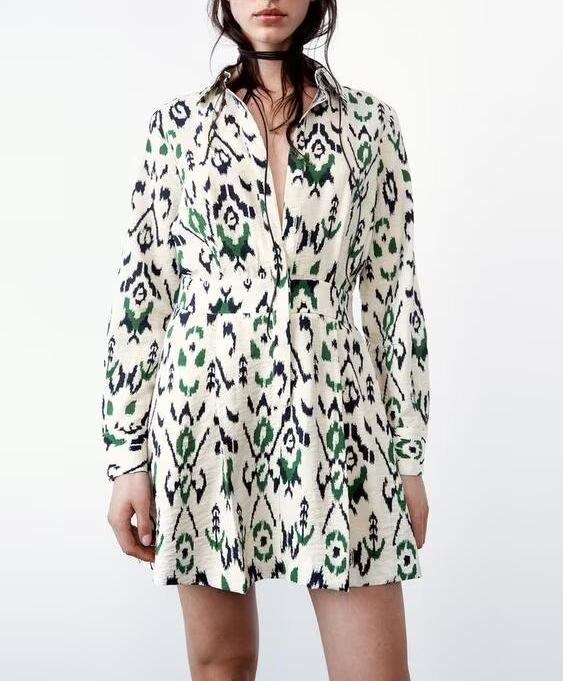 Ikat Print Collared Long Sleeve Button Front Fit and Flare Mini Dress