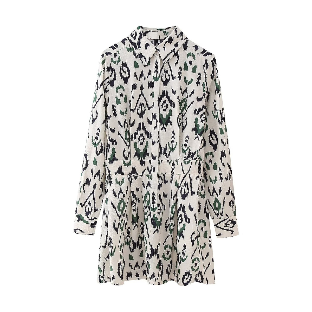 Ikat Print Collared Long Sleeve Button Front Fit and Flare Mini Dress 2