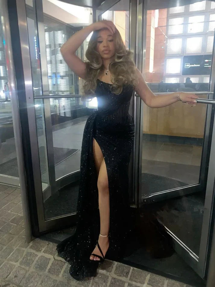 Black Long Prom Dress With Slit Strapless Evening Dress
