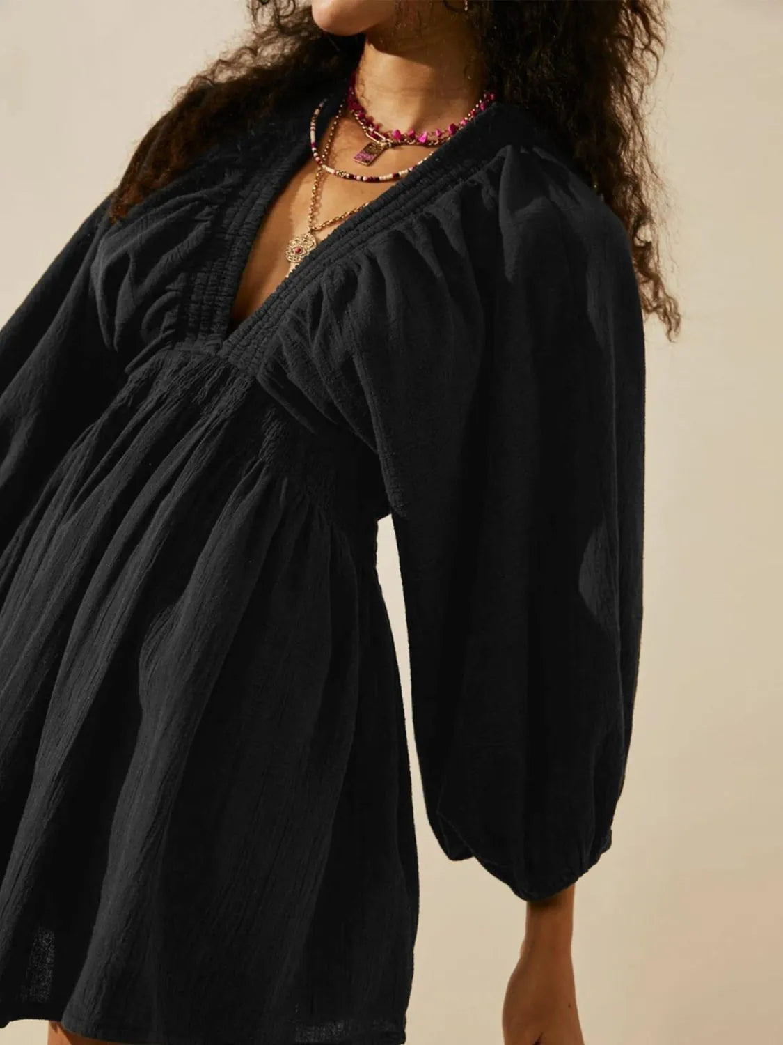 Textured Deep V-Neck Balloon Sleeve Smocked Waist Swing Mini Dress 4