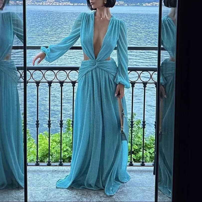 Beach Vacation Chic Dress Women Summer Cropped Outfit Solid Color Seaside Atmosphere Maxi Dress
