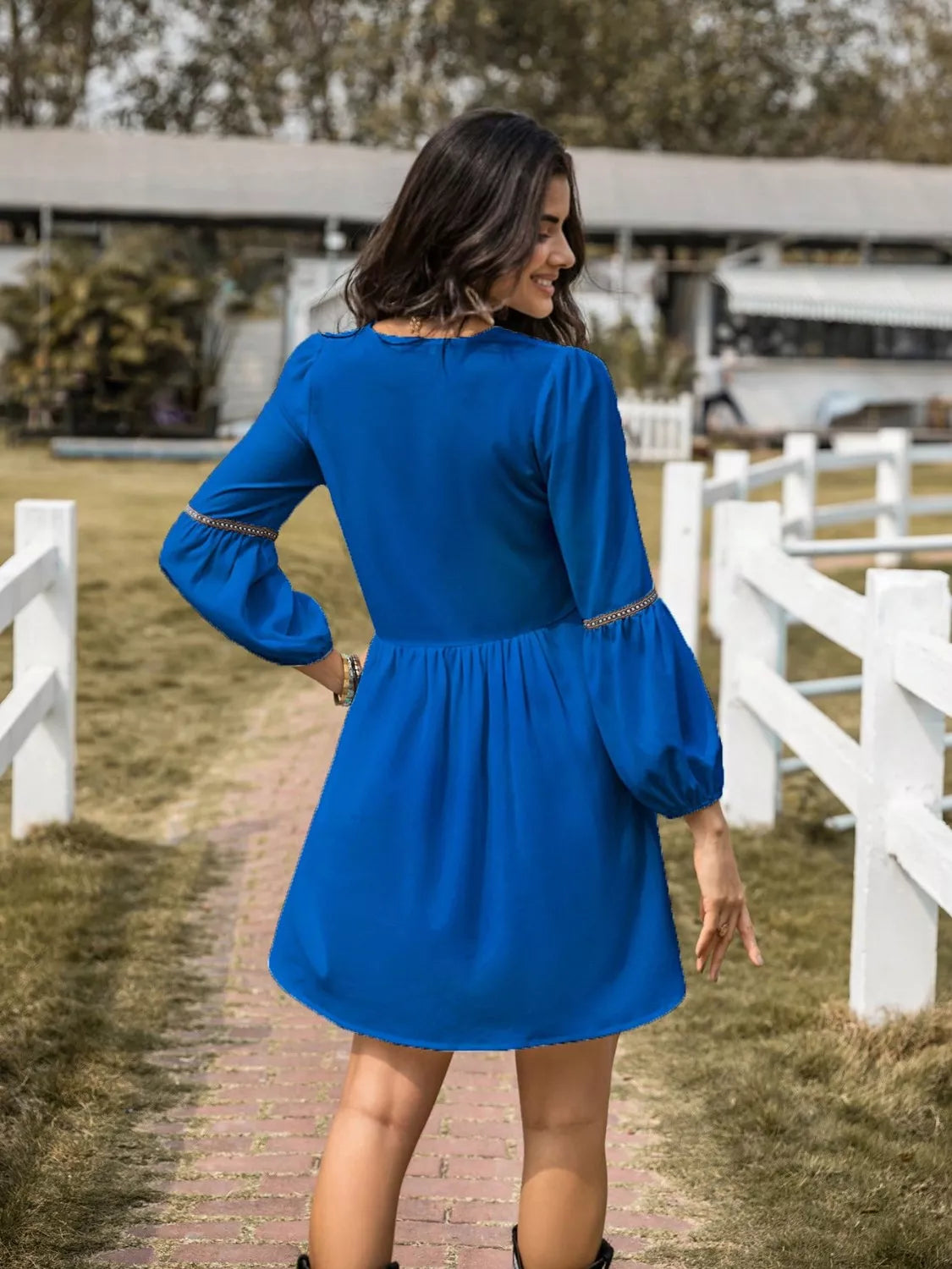 Embroidered Tape Trim Notch Neck Long Sleeve Smock Mini Dress 17