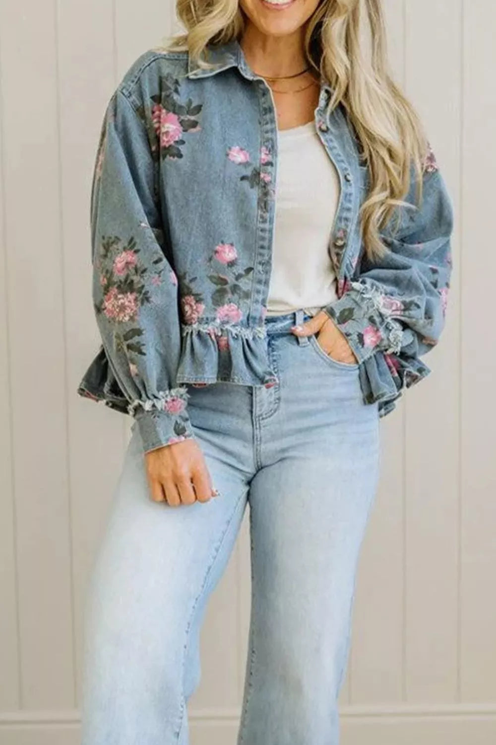Floral Print Button Front Frayed Ruffle Hem Denim Jacket 4