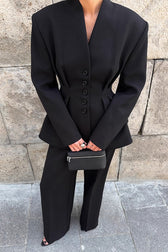 Ruched V Neck Waist Cinched Blazer Pants Two Piece Set