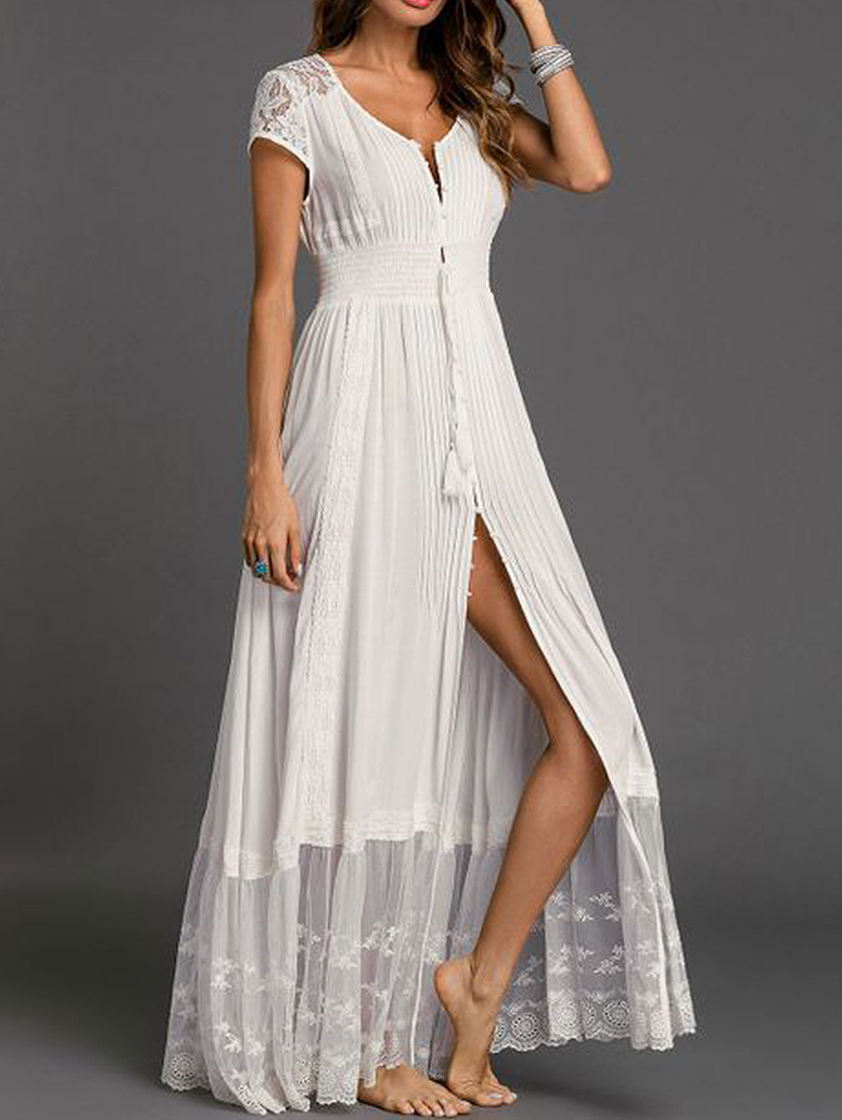 Lace Splicing Fringe Pleated Maxi Dress Short Sleeve - View 3