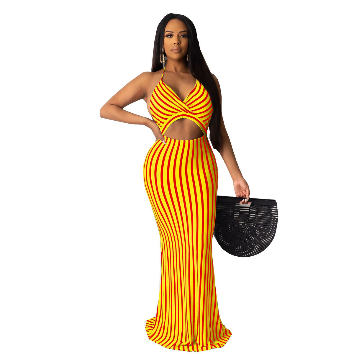 Striped Halter Neck Wrap Bust Cut Out Bodycon Mermaid Maxi Dress 3