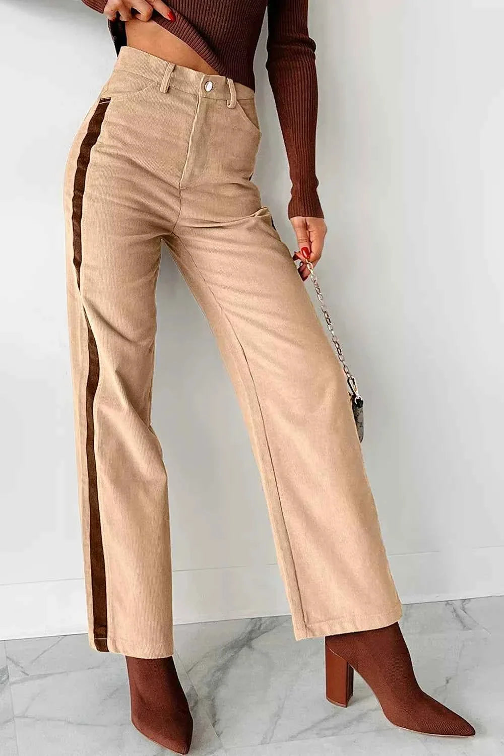 Corduroy Side Panel Colorblock Straight Leg Pants