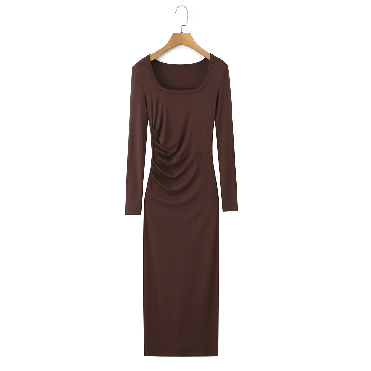 Square Neck Long Sleeve Ruched Waist Bodycon Maxi Dress 13