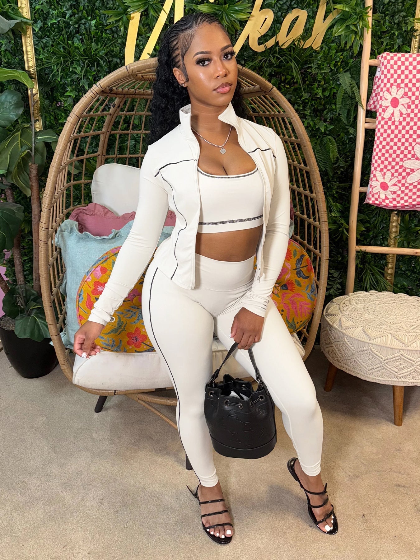 Women Wear I Shaped Vest Zipper Thumb Hole Long Sleeve Tight Trousers Three Piece Set for Women