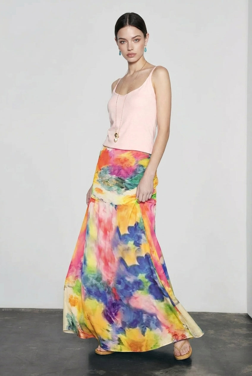Watercolor Abstract Print Fold Over Waist Column Maxi Skirt 4