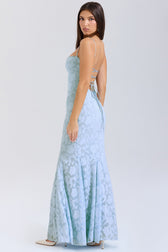 Strapless Lace Backless Waist Tie Maxi Lace Dress