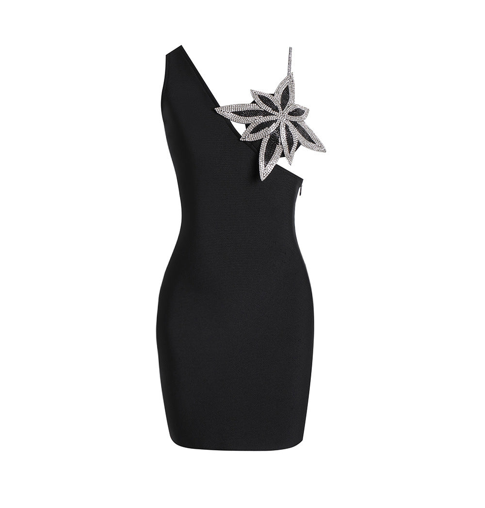 Satin Asymmetric V-Neck Rhinestone Flower Strap Bodycon Mini Dress 4
