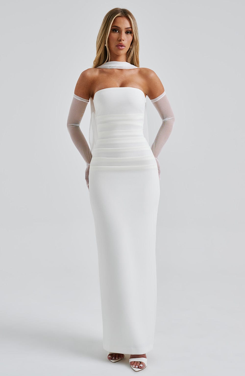 Strapless Ruched Bodycon Maxi Dress with Neck Scarf and Mesh Gloves 25