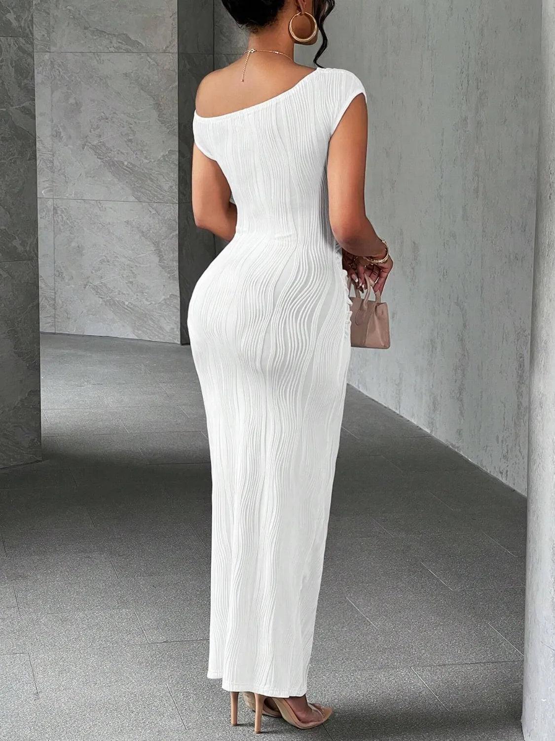Textured One Shoulder Cap Sleeve Ruched Bodycon Maxi Dress 3