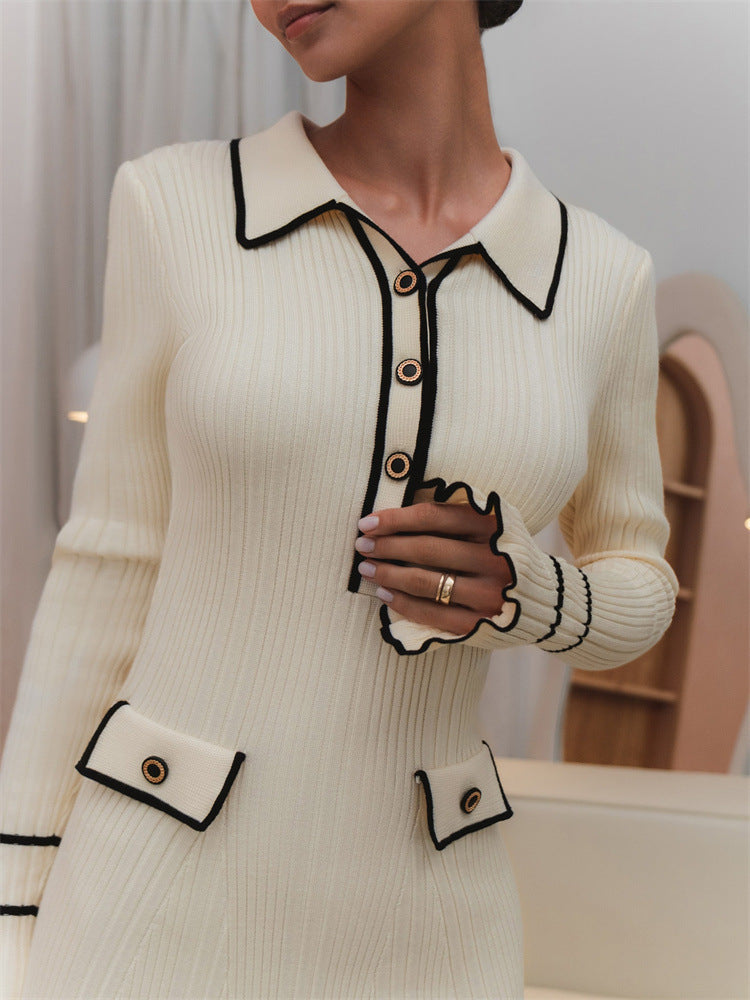Ribbed Knit Collared Contrast Trim Long Sleeve Button Placket Mini Dress 2