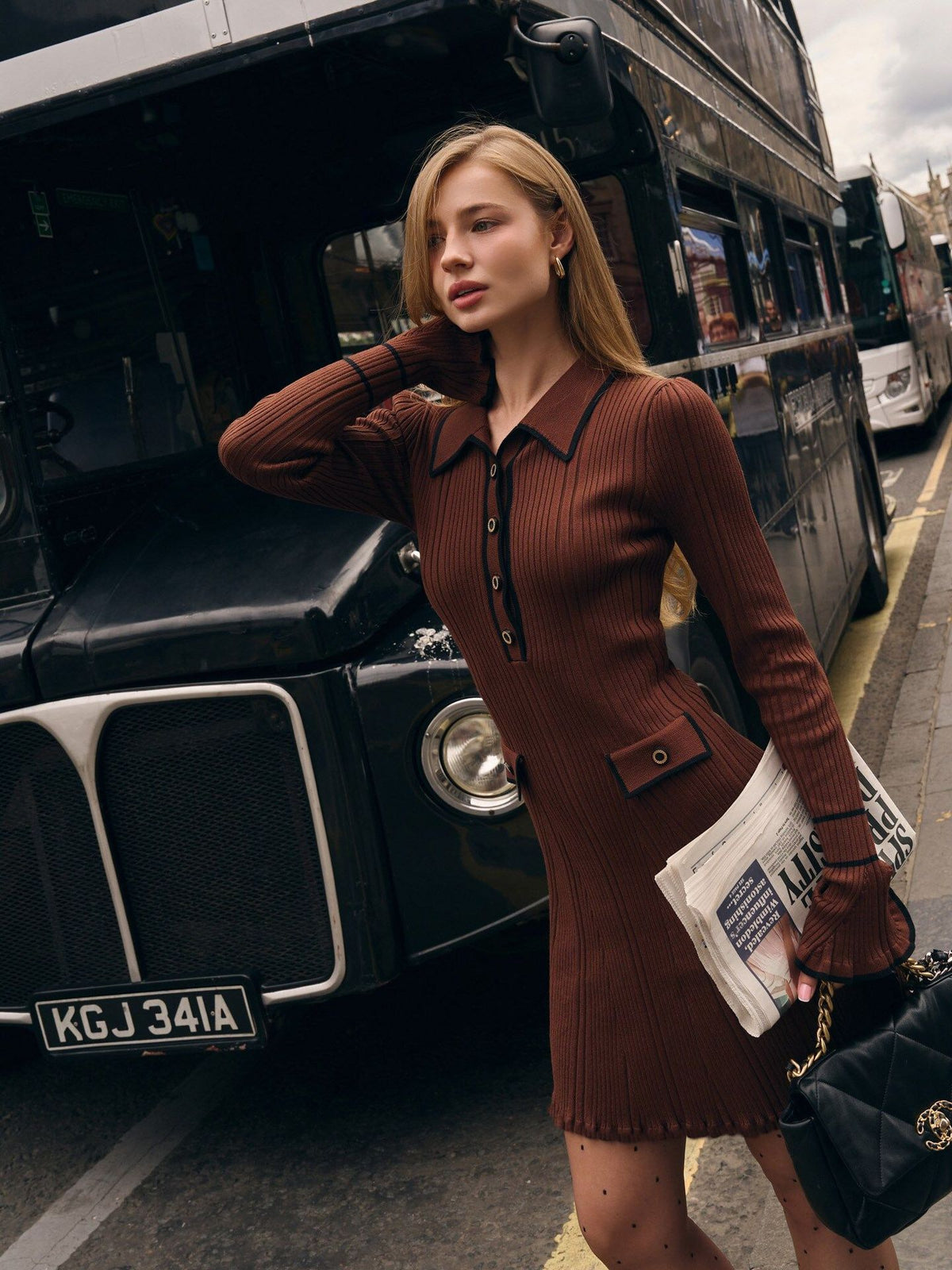 Ribbed Knit Collared Contrast Trim Long Sleeve Button Placket Mini Dress 7