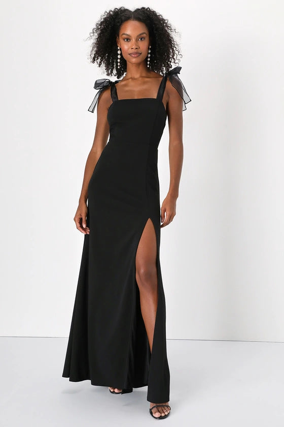 Square Neck Sheer Bow Tie Strap High Split Maxi Dress