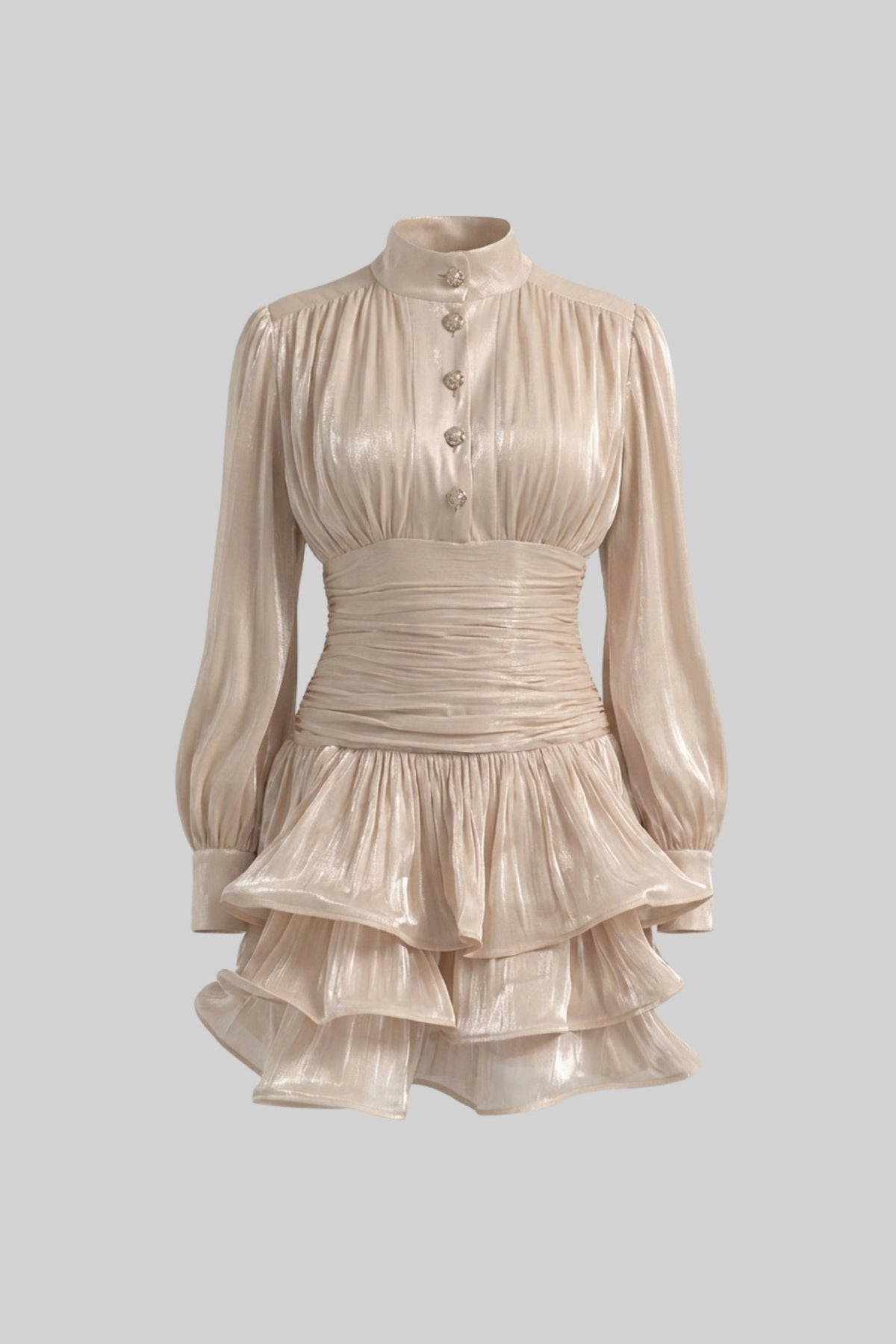 High Neck Balloon Sleeve Ruched Waist Tiered Ruffle Mini Dress 5