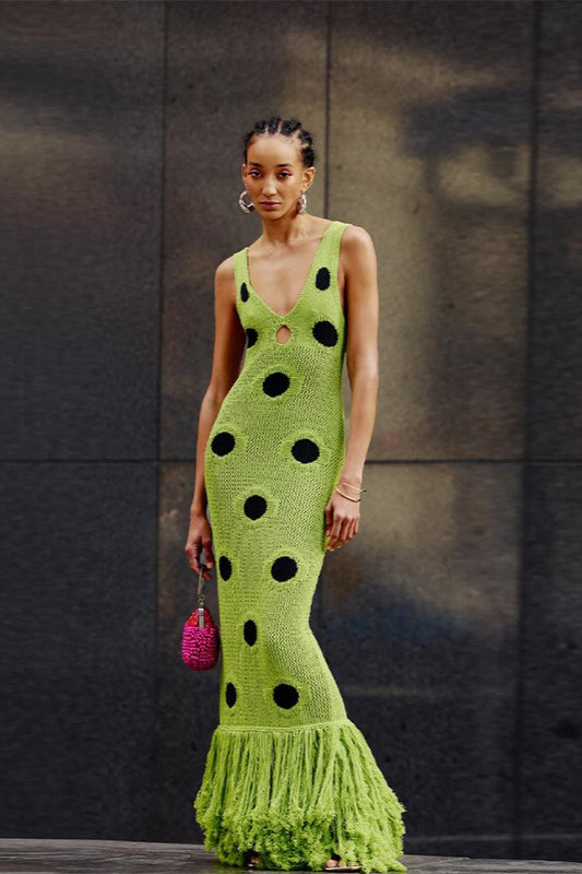 Polka Dot Knit Fringe Hem Maxi Dress