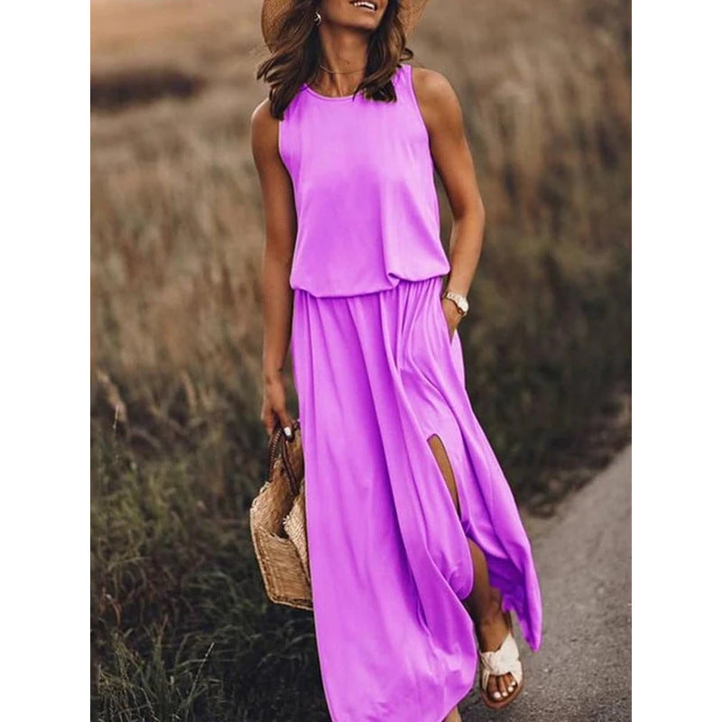 Crew Neck Sleeveless Elastic Waist Side Split Maxi Dress 10