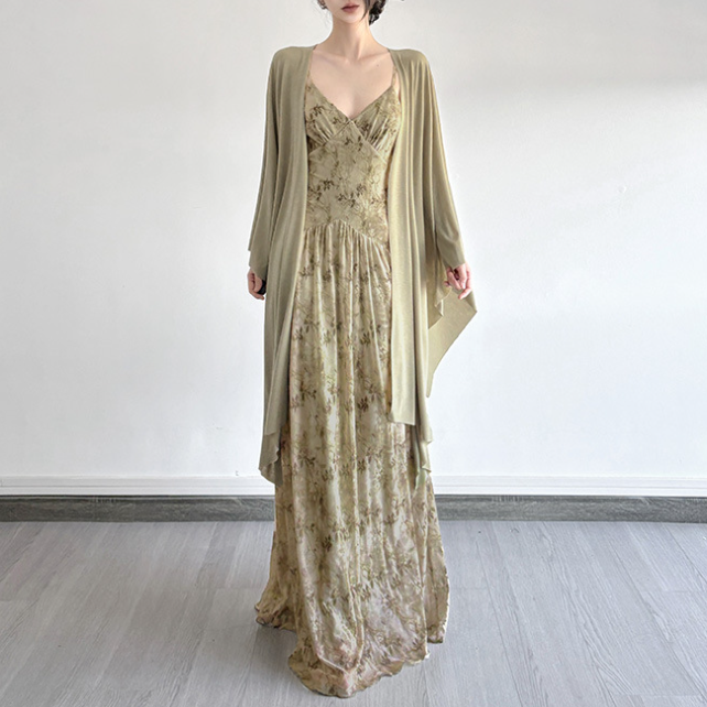 Floral Print V-Neck Cami Maxi Dress and Open Front Cardigan Two Piece Set