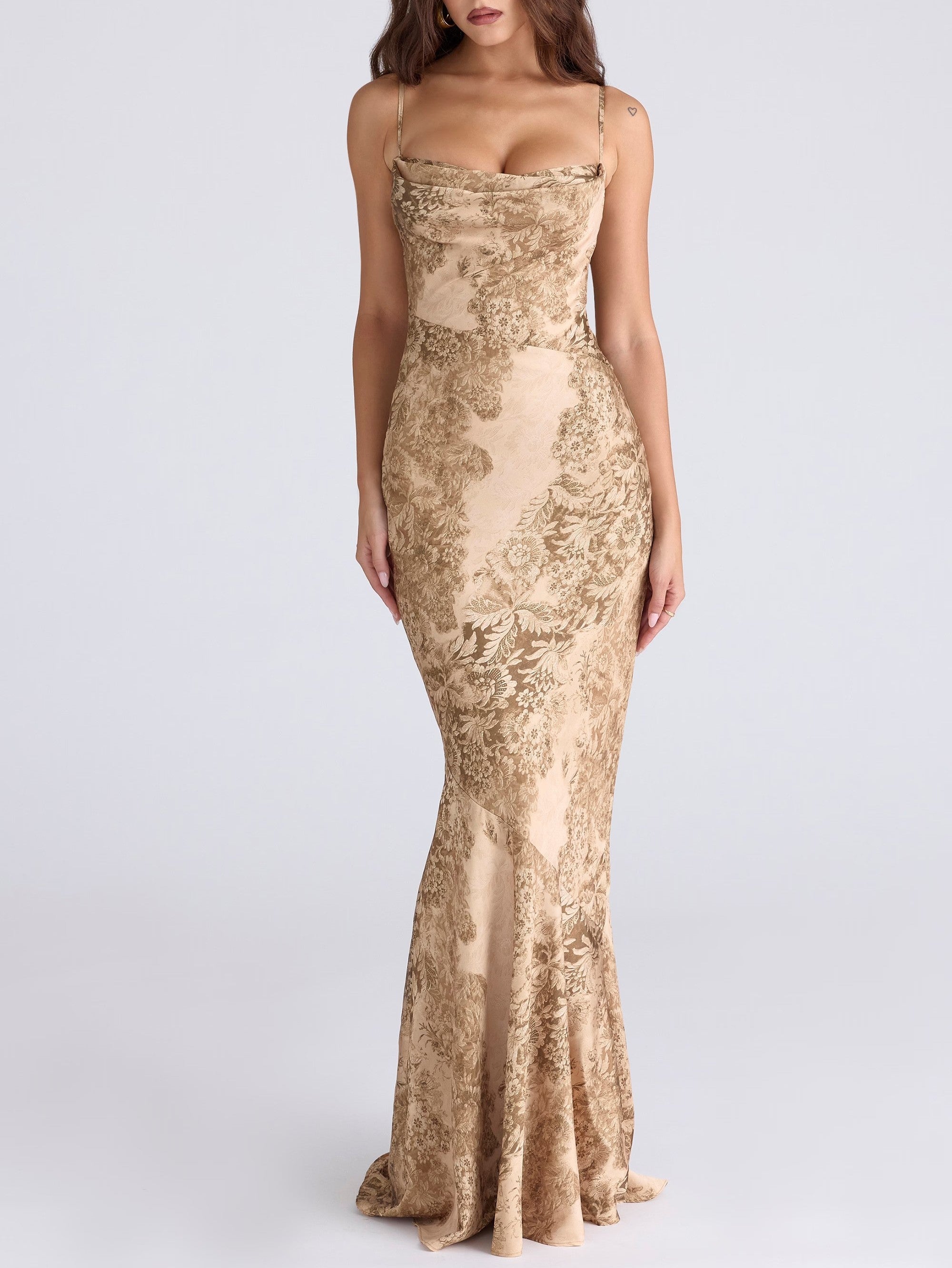 Women European French Graceful Golden Printing Satin Maxi Dress Dress Fishtail Dress
