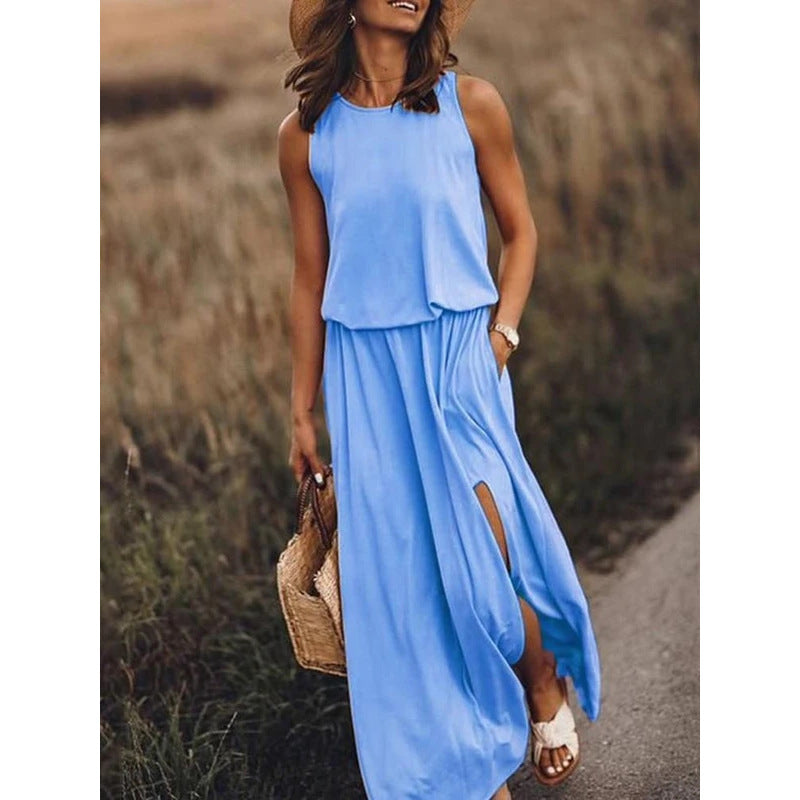 Crew Neck Sleeveless Elastic Waist Side Split Maxi Dress 11