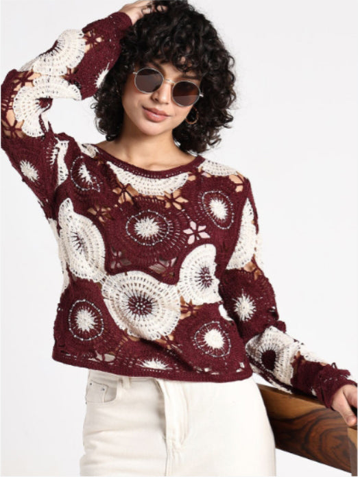 Women Embroidered Loose Knitted Long Sleeve Top