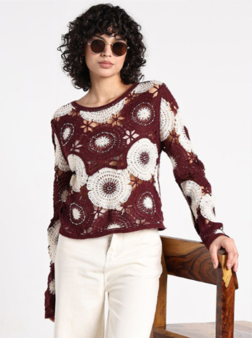 Women Embroidered Loose Knitted Long Sleeve Top