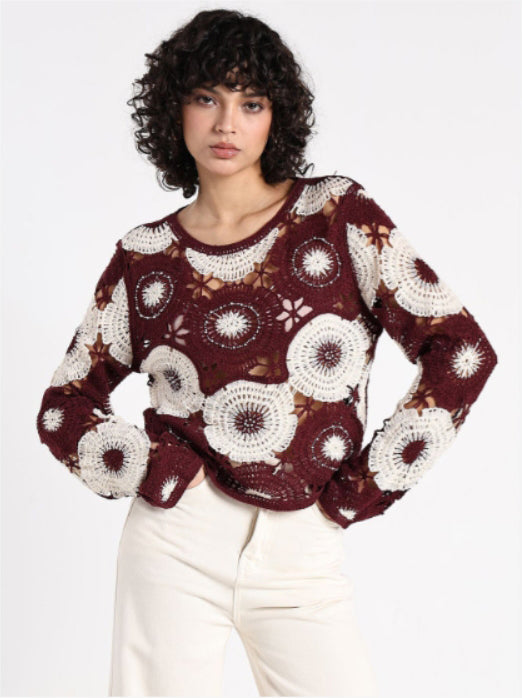 Women Embroidered Loose Knitted Long Sleeve Top