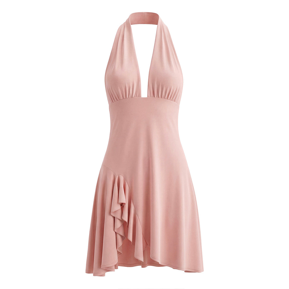 Halter Neck Plunging Backless Ruffle Asymmetric Hem Mini Dress 9
