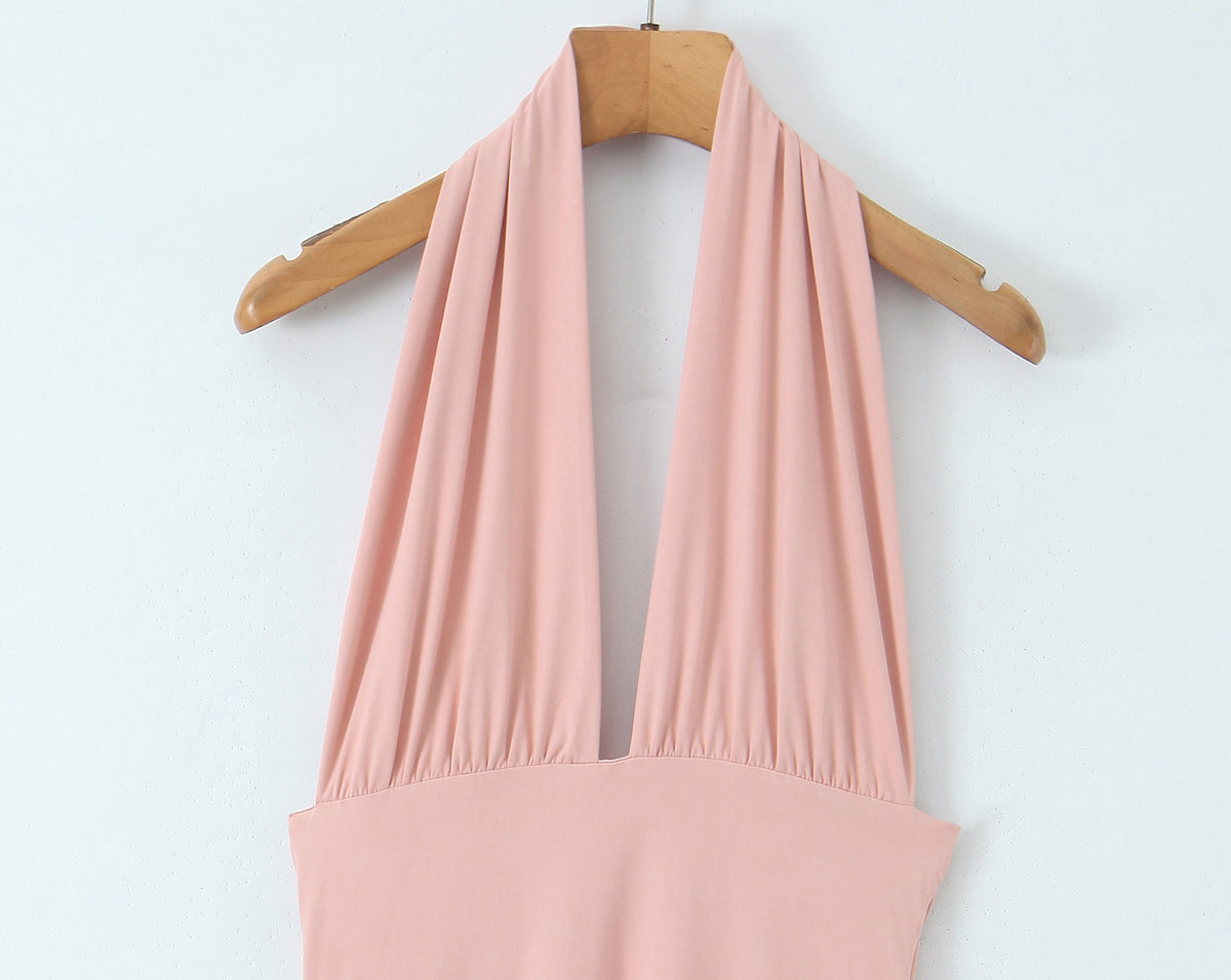 Halter Neck Plunging Backless Ruffle Asymmetric Hem Mini Dress 3