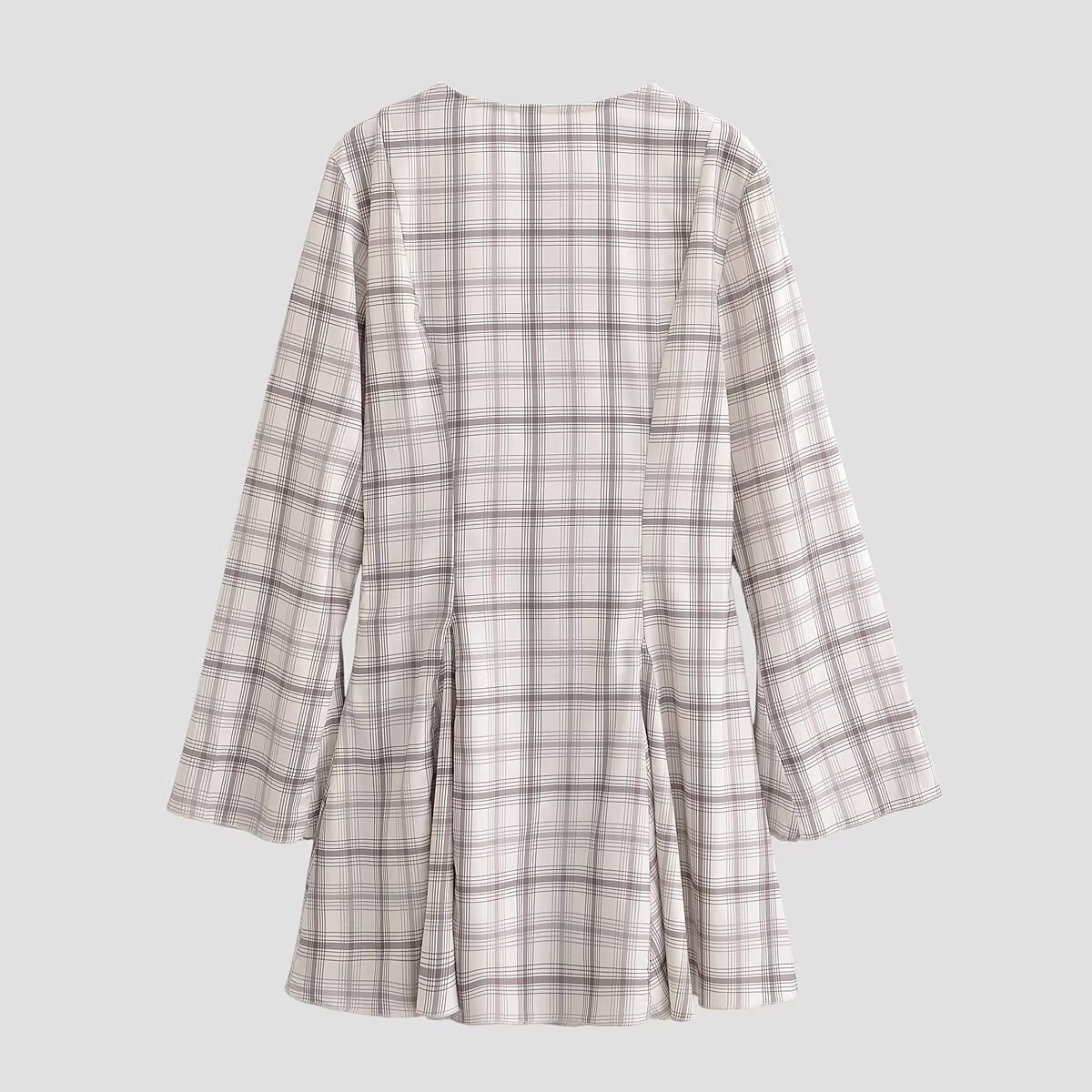 Plaid Plunge V-Neck Zip Front Long Bell Sleeve Fit and Flare Mini Dress 3