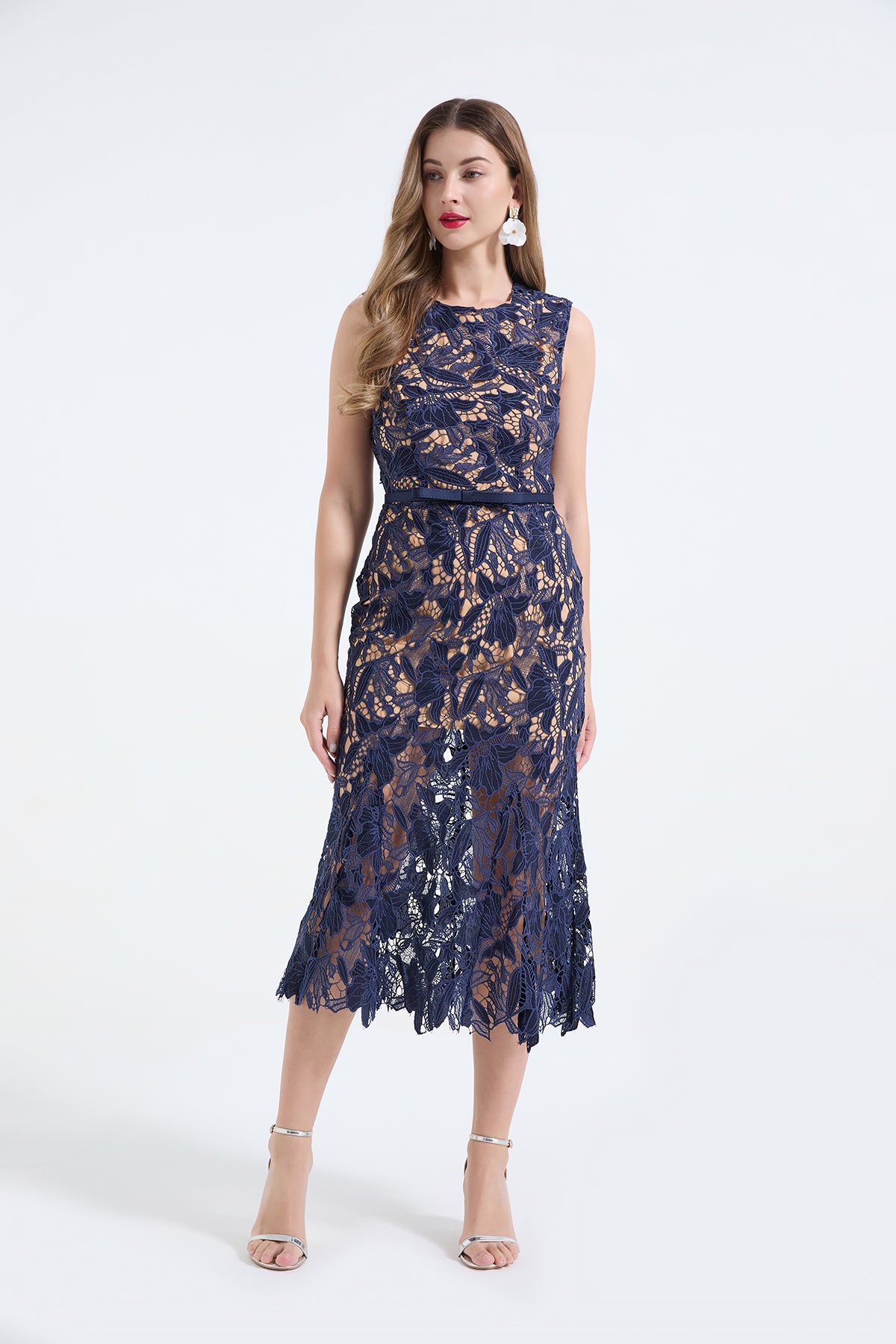 Guipure Lace Sleeveless Belted Fishtail Hem Midi Dress 6
