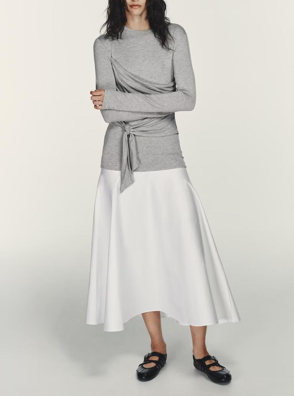 Draped Tie Front Long Sleeve Knit Bodice Satin Skirt Patchwork Midi Dress