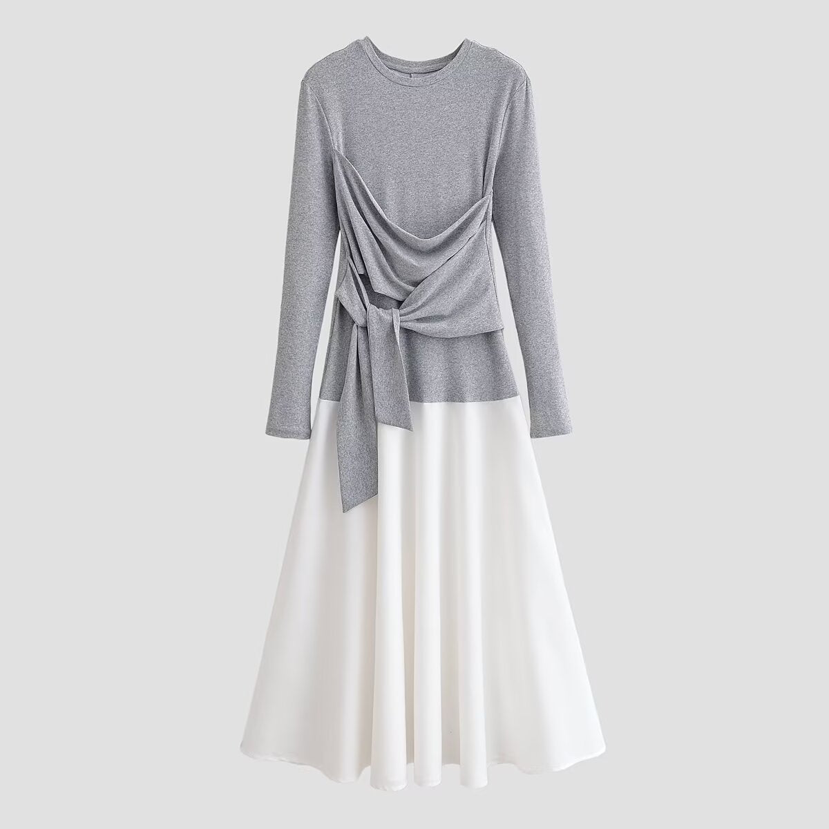 Draped Tie Front Long Sleeve Knit Bodice Satin Skirt Patchwork Midi Dress 5
