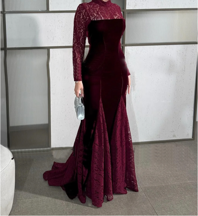 Autumn Winter Women Clothing round Neck Velvet Long Sleeves Lace Stitching Elegance Retro Dress