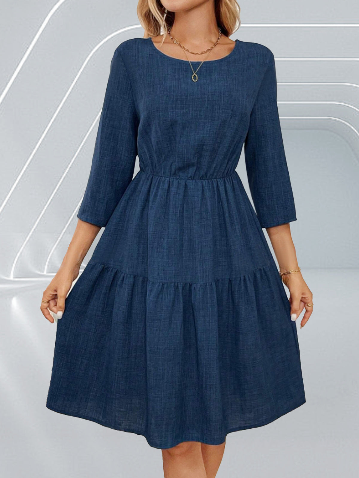 Textured Round Neck 3/4 Sleeve Elastic Waist Tiered Knee Length Dress 5