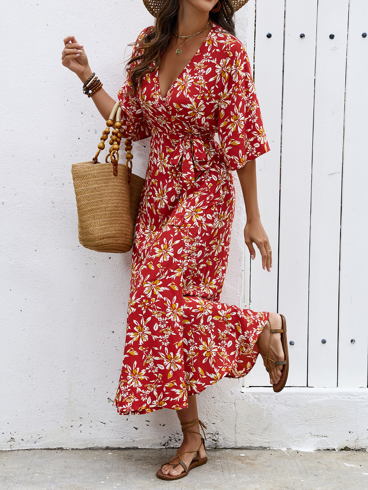 Floral V-Neck Short Sleeve Wrap Tie Waist Ruffle Slit Maxi Dress 4