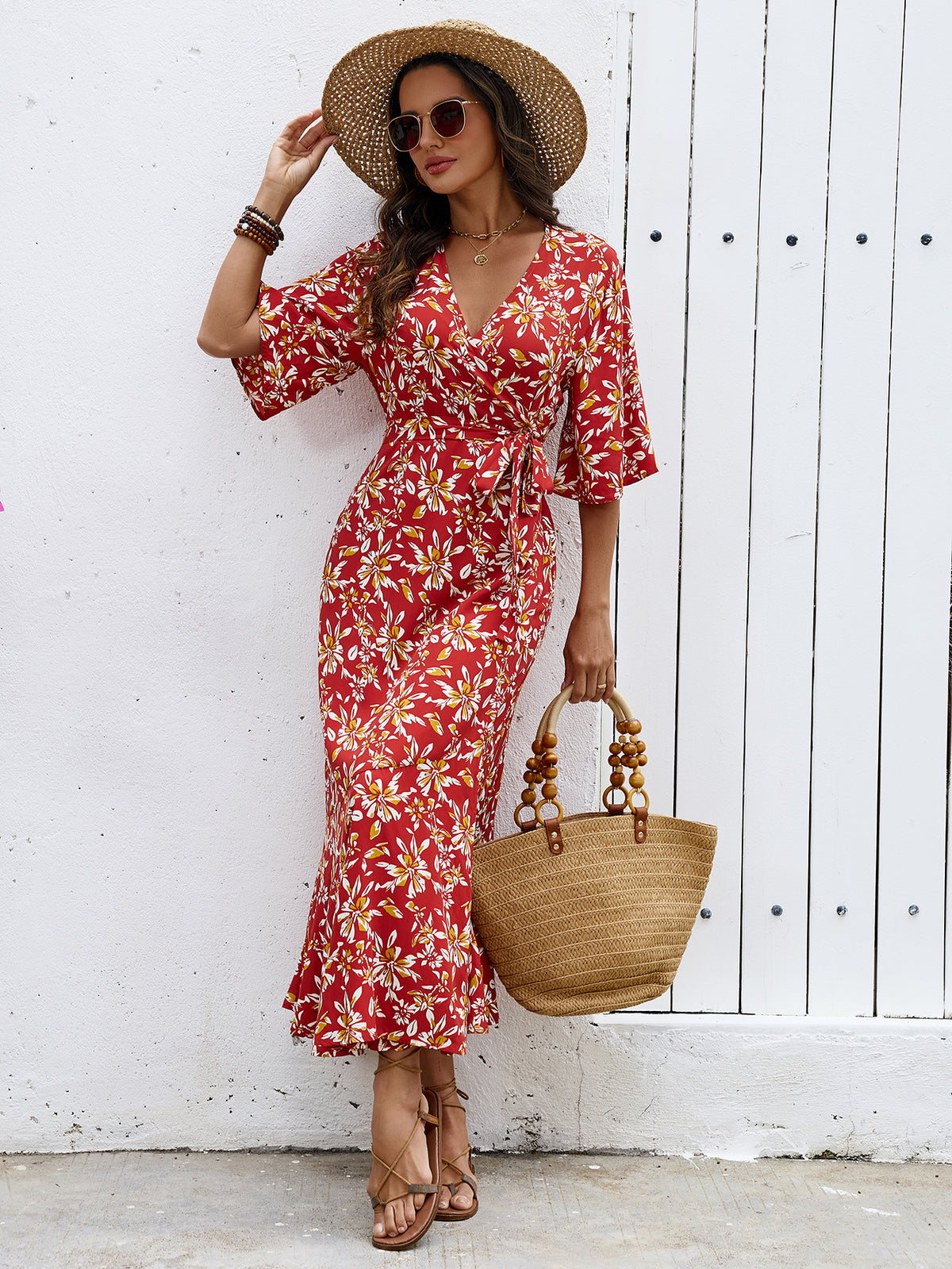Floral V-Neck Short Sleeve Wrap Tie Waist Ruffle Slit Maxi Dress 5