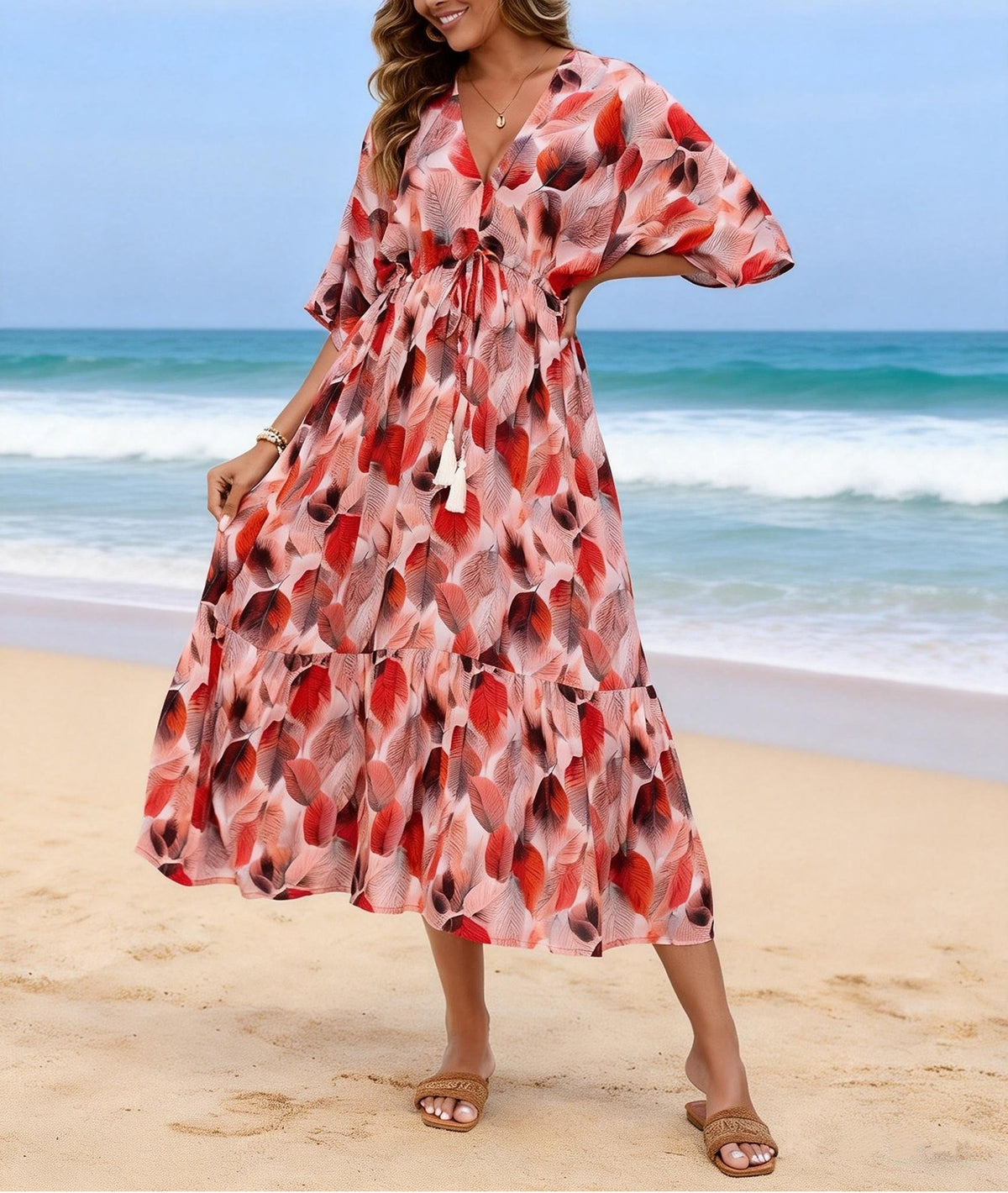Women Printed Batwing Sleeve Adjustable Drawstring Waist Belt Fringed Mid Length Dress With Bohemian Wide Beach Dress