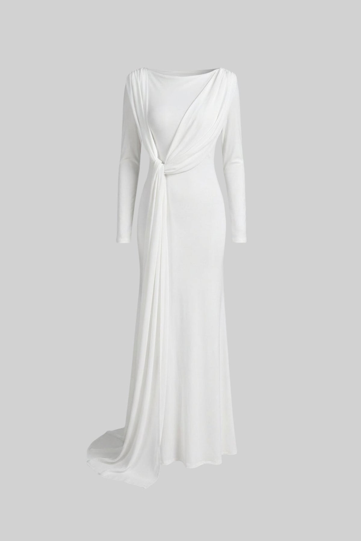 Boat Neck Long Sleeve Draped Knot Front Sash Maxi Dress 2