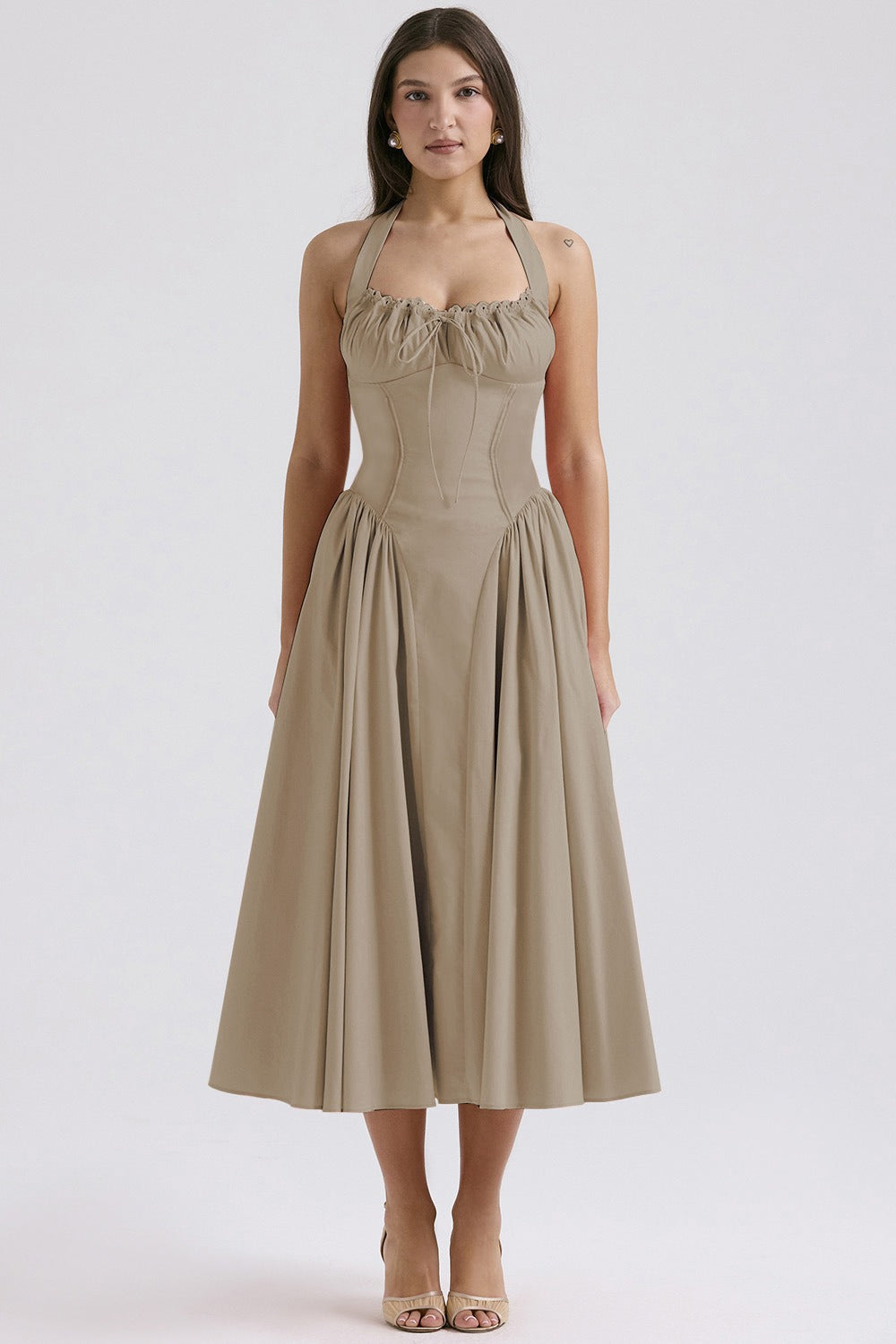 Halter Neck Ruched Corset Fit and Flare Midi Dress