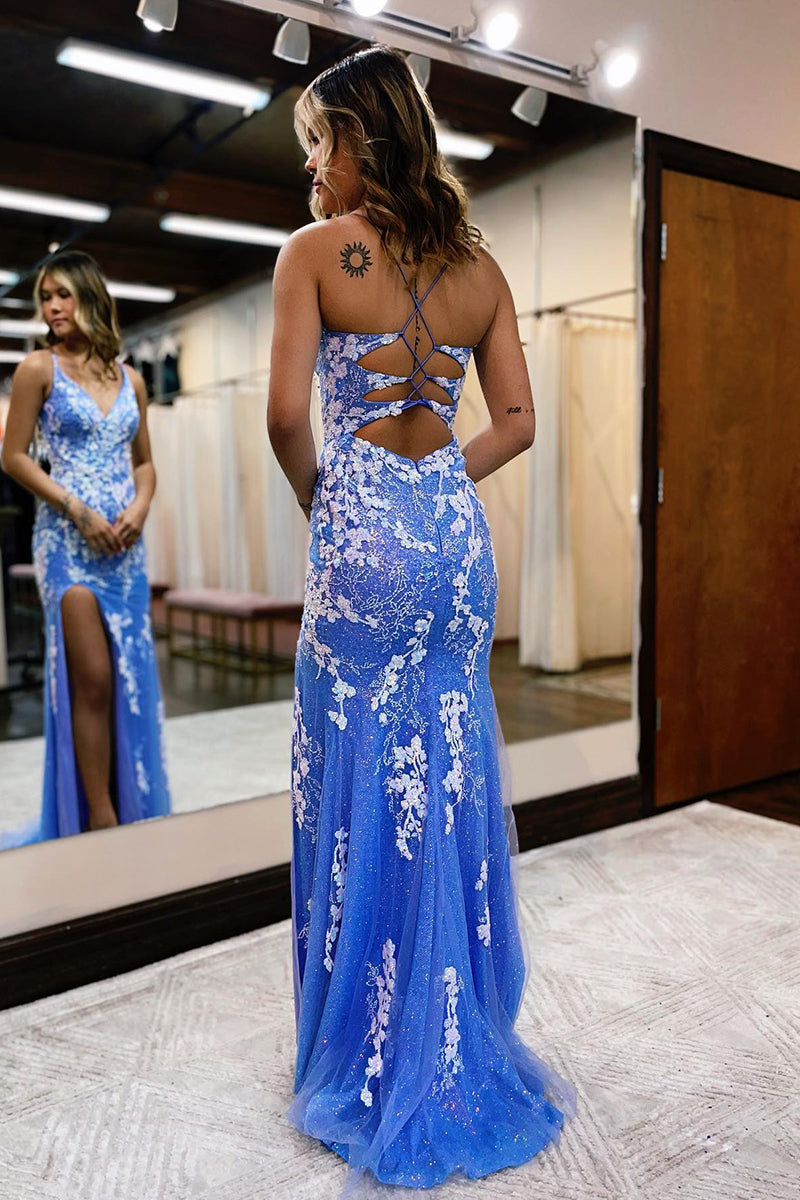 14703 - Sleeveless V-Neck Appliqued Lace Up Slit Prom Dress