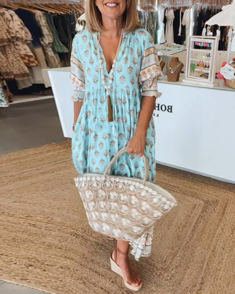 Printed V-Neck Ruffle Short Sleeve Tiered Maxi Dress