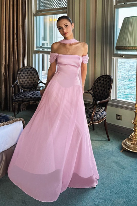 Off-the-Shoulder Sheer Mesh Satin Dress